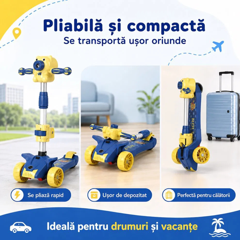Trotineta copii pliabila cu 3 roti pentru, lumini LED, muzica si baloane de sapun, reglabila pe inaltime [3]