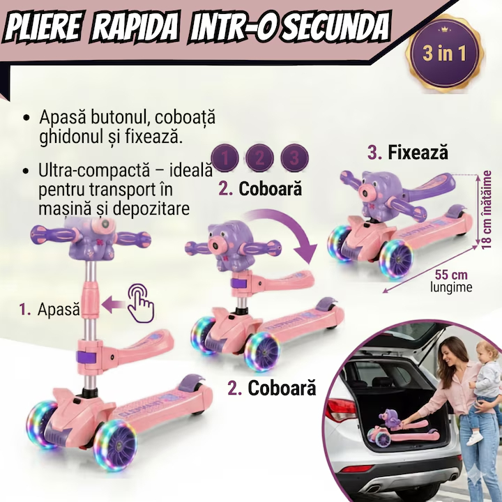 Trotineta copii pliabila cu 3 roti pentru, lumini LED, muzica si baloane de sapun, reglabila pe inaltime [15]