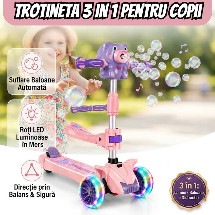 Trotineta copii pliabila cu 3 roti pentru Fetite, lumini LED, muzica si baloane de sapun, reglabila pe inaltime [5]