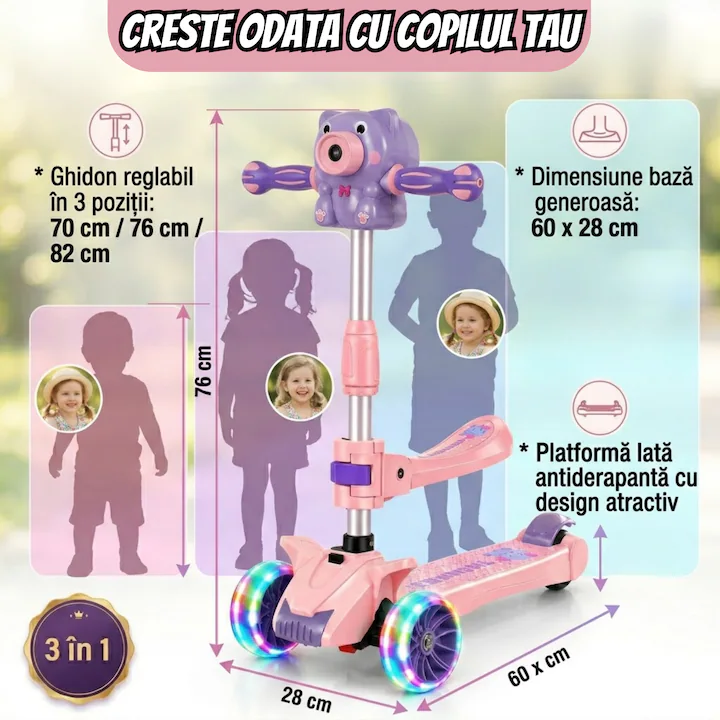 Trotineta copii pliabila cu 3 roti pentru Fetite, lumini LED, muzica si baloane de sapun, reglabila pe inaltime [6]