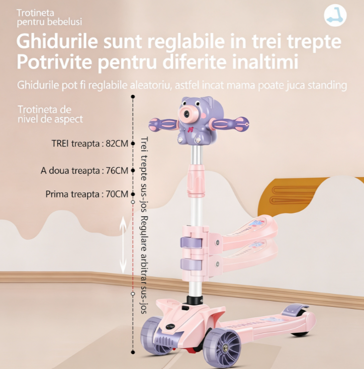 Trotineta copii pliabila cu 3 roti pentru Fetite, lumini LED, muzica si baloane de sapun, reglabila pe inaltime [2]