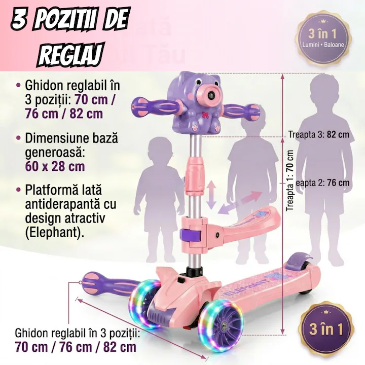 Trotineta copii pliabila cu 3 roti pentru Fetite, lumini LED, muzica si baloane de sapun, reglabila pe inaltime [7]