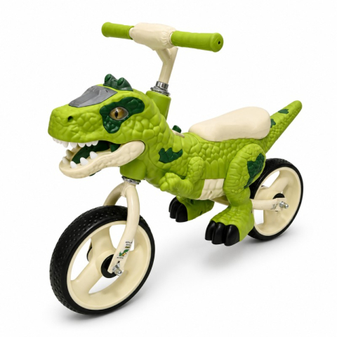 Produse de sezon - Bicicleta pentru Copii, Model Dinozaur T-Rex, Scaun Ergonomic, Lumini si Muzica Verde/Bej