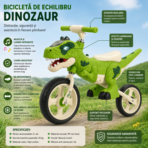 Bicicleta pentru Copii, Model Dinozaur T-Rex, Scaun Ergonomic, Lumini si Muzica Verde/Bej [4]
