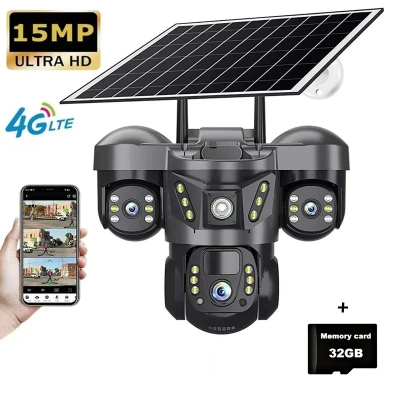 Casa & Gradina - Camera de Supraveghere Exterior 4G LTE cu Panou Solar, Rezolutie 15MP Ultra HD, 3 Lentile Multi-Ecran, Aplicatie V380 Pro, Include Card 32GB