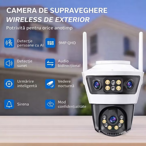 Camera de Supraveghere Exterior WiFi Jortan, Include Card 32GB, Rezolutie 9MP 6K, 3 Lentile cu Afisaj Multi-Ecran, Alarma Luminoasa si Protectie IP66 [3]