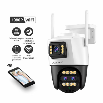 Casa & Gradina - Camera de Supraveghere Tripla Exterior WiFi Jortan, Rezolutie Full HD 1080P, Include Card 32GB, Vedere Nocturna Color si Alerta Miscare