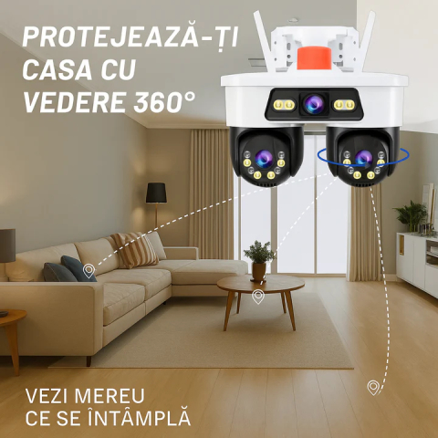 Camera supraveghere WiFi Jortan 8 Ultra HD 9MP cu 3 lentile si card 32GB inclus, Cap Dublu PTZ 355 grade, viziune nocturna color [1]