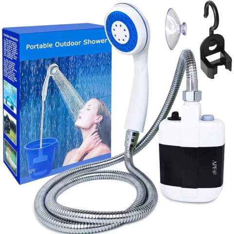 Produse de sezon - Dus portabil camping si curte, reincarcabil prin USB, cu pompa electrica submersibila, debit constant, ventuza si carlig de prindere
