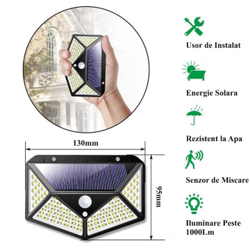 Lampa Solara de Perete cu 100 LED-uri si Senzor de Miscare, Unghi Larg [1]