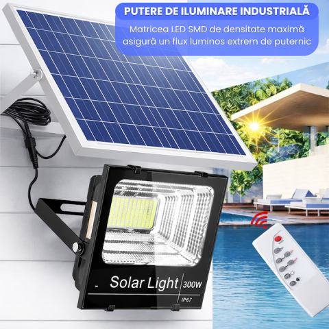 Proiector LED solar 300W IP65 cu panou fotovoltaic si telecomanda [1]