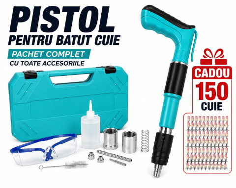 Produse de sezon - Set Pistol Pneumatic pentru Fixare Cuie Gips-Carton, Perete, Tavan, Podea, Lemn, Metal, Set Complet cu 150 Nituri CADOU, Ochelari de Protectie si Valiza