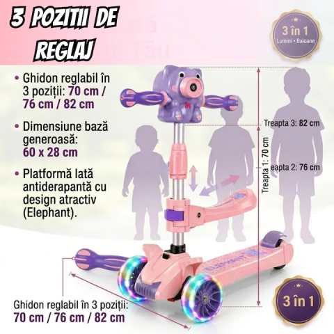 Trotineta copii pliabila cu 3 roti pentru, lumini LED, muzica si baloane de sapun, reglabila pe inaltime [13]