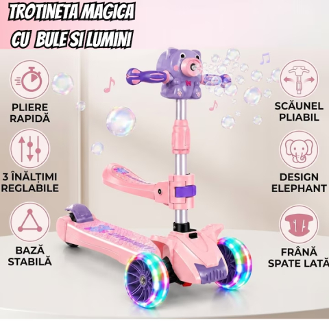 Trotineta copii pliabila cu 3 roti pentru, lumini LED, muzica si baloane de sapun, reglabila pe inaltime [24]