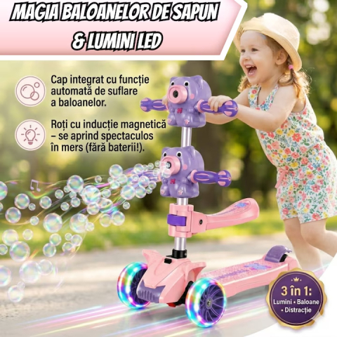 Trotineta copii pliabila cu 3 roti pentru, lumini LED, muzica si baloane de sapun, reglabila pe inaltime [10]