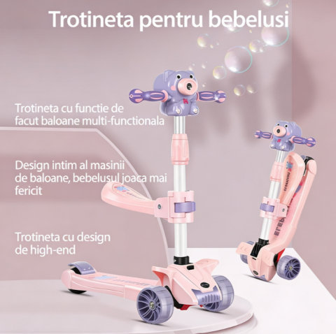 Trotineta copii pliabila cu 3 roti pentru, lumini LED, muzica si baloane de sapun, reglabila pe inaltime [20]