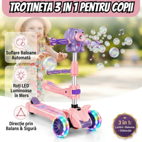 Trotineta copii pliabila cu 3 roti pentru, lumini LED, muzica si baloane de sapun, reglabila pe inaltime [25]