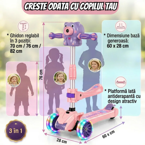 Trotineta copii pliabila cu 3 roti pentru, lumini LED, muzica si baloane de sapun, reglabila pe inaltime [12]