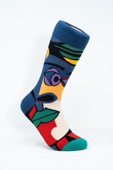 Sosete colorate inalte de femei, cu model, Vibe Artistic, Pasi in Stil Picasso. [1]