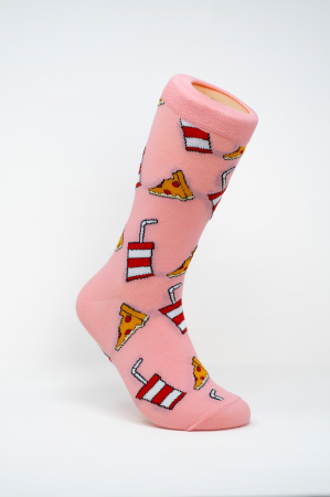 Sosete colorate femei - Sosete colorate inalte de femei, cu model, Felie de Pizza cu Suc la Pahar.