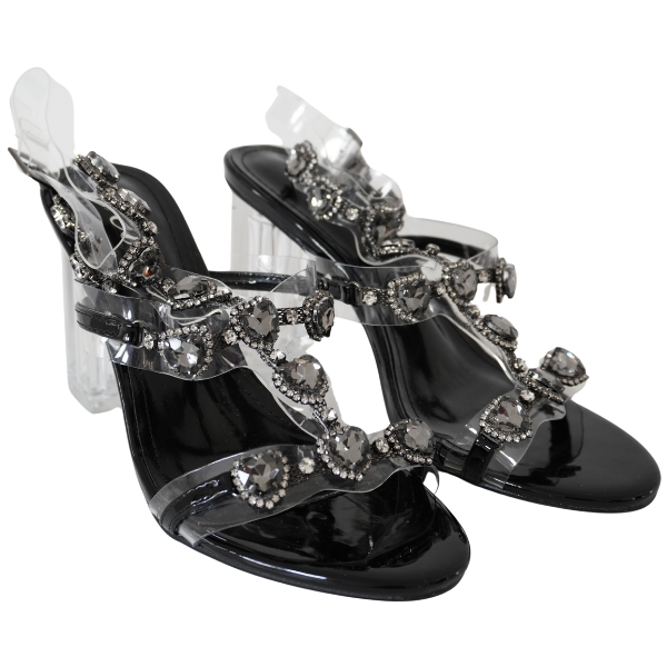 Sandale cu toc gros și barete transparente decorate cu strasuri - Negru [1]