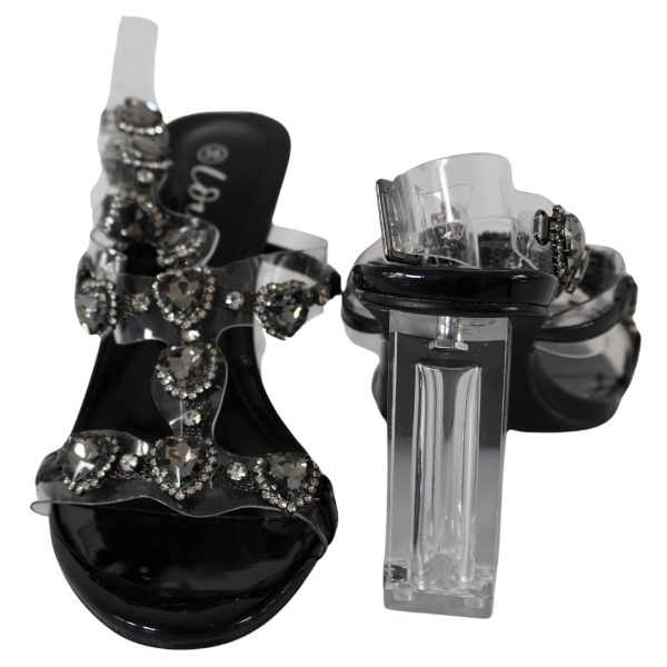 Sandale cu toc gros și barete transparente decorate cu strasuri - Negru [2]