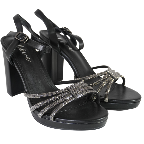 Sandale cu toc gros și barete strălucitoare - Negru [1]