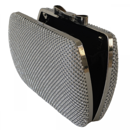 Accesorii - Clutch cu cristale și ramă metalica -Argintiu