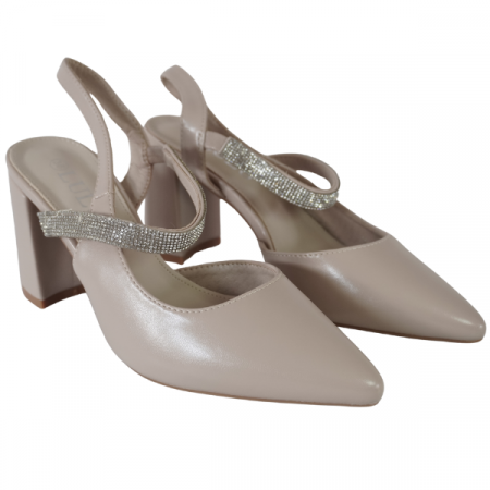 Pantofi - Pantofi cu toc gros și barete cu strasuri - Bej