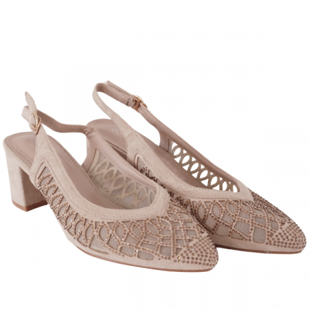 Pantofi - Pantofi eleganți cu toc gros și detalii strălucitoare - Bej