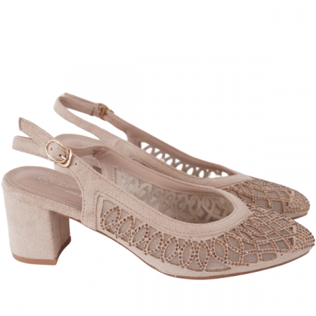 Pantofi eleganți cu toc gros și detalii strălucitoare - Bej [2]