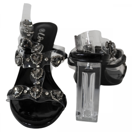 Sandale cu toc gros și barete transparente decorate cu strasuri - Negru [1]