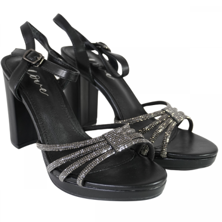 Sandale - Sandale cu toc gros și barete strălucitoare - Negru