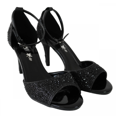 Sandale - Sandale elegante cu toc subțire și strasuri - Negru