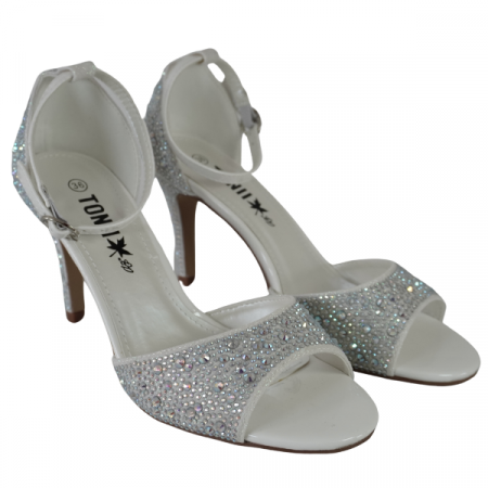 Încălțăminte - Sandale elegante cu toc subțire și strasuri - Alb