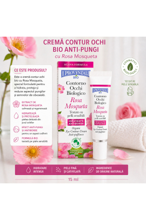 Îngrijire ten - Bio crema contur ochi anti-pungi Rosa Mosqueta 15 ml, hidratare si reducerea aspectului obosit
