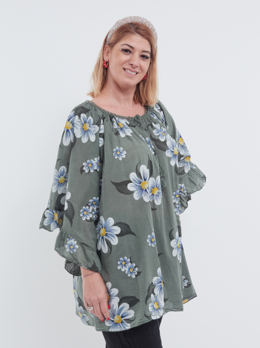 Bluză Tip Ie cu Imprimeu Floral – Kaki [2]