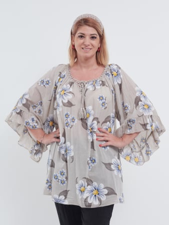 Bluze din Bumbac - Bluză Tip Ie cu Imprimeu Floral – Bej