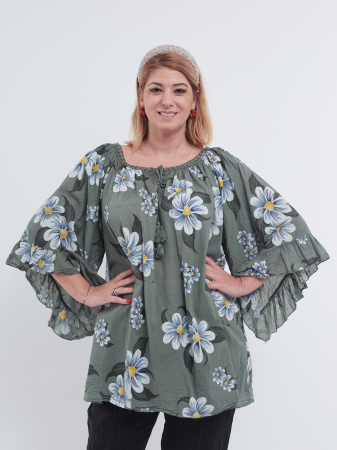 ÎMBRĂCĂMINTE - Bluză Tip Ie cu Imprimeu Floral – Kaki