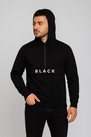 Imbracaminte pentru barbati - Hanorac bărbătesc negru cu glugă și fermoar scurt – model „BLACK”