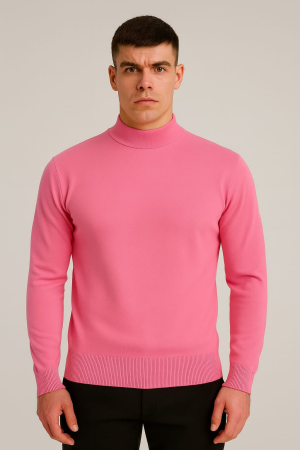 Pulovere - Pulover Bărbați , Culoare Fucsia, Guler Înalt, Tricot Fin, Croială Slim Fit