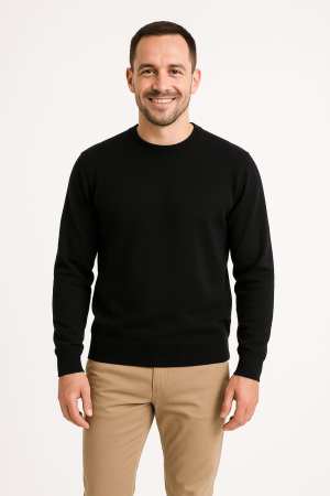 Pulovere - Pulover barbati, culoare Negru, Tricotat Fin, Stil Casual-Elegant