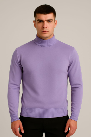 Pulovere - Pulover Bărbați , Culoare Mov, Guler Înalt, Tricot Fin, Croială Slim Fit