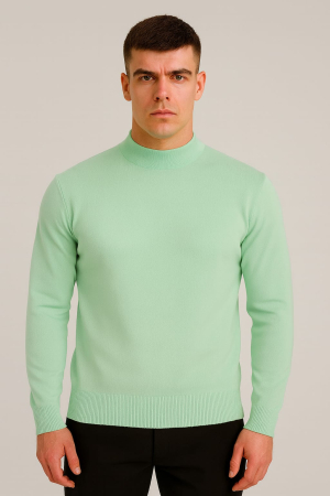 Pulovere - Pulover Bărbați , Culoare Verde Mint, Guler Înalt, Tricot Fin, Croială Slim Fit
