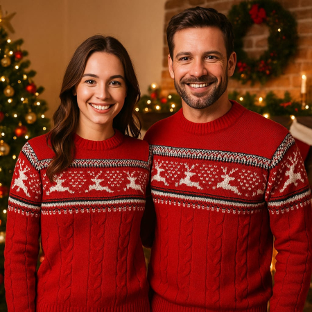 Pulovere Unisex - Pulover roșu de Crăciun unisex, culoare rosu, cu model reni și torsade – ediție festivă de iarnă
