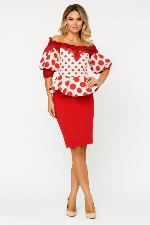 Îmbrăcăminte pentru femei - Compleu Damă Elegant, Bluză cu Umeri Goi și Buline, Fustă Creion Roșie