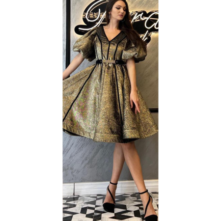 Rochie Midi Auriu-Șampanie cu Mâneci Bufante și Curea Lanț – Elegant Luxury Dress [1]