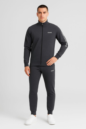 Trening - Trening Bărbați, Culoare Gri Inchis – Set Bluza cu Fermoar + Pantaloni, Bumbac gros, Fit Modern