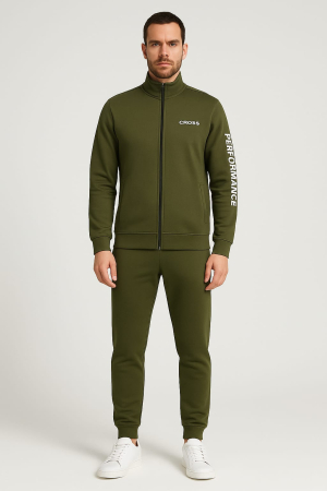 Trening - Trening Bărbați, Culoare kaki, Set Bluza cu Fermoar + Pantaloni, Bumbac gros, Fit Modern