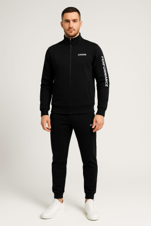 Imbracaminte pentru barbati - Trening Bărbați, Culoare Negru – Set Bluza cu Fermoar + Pantaloni, Bumbac gros, Fit Modern